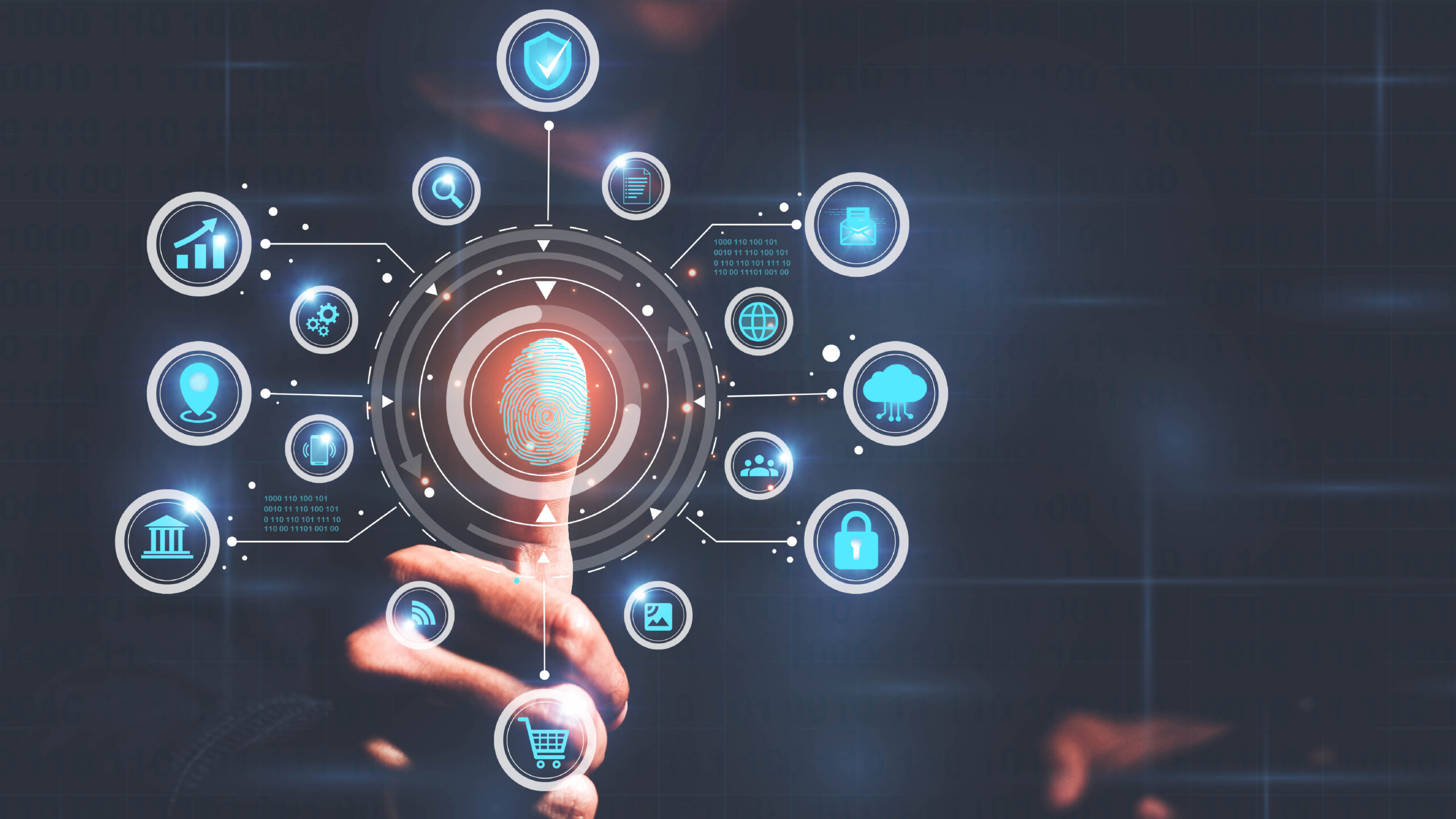 concept for futuristic digital processing of biometric identification fingerprint scanner for access personal financial data. surveillance and security scanning of digital programs.